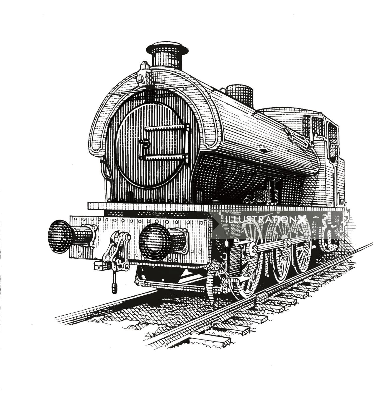 Un moteur de train vintage noir et blanc