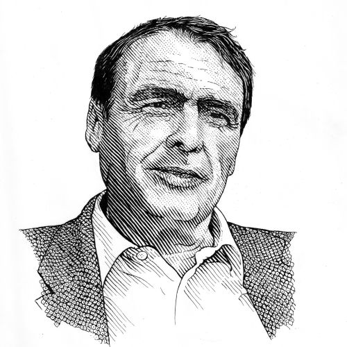Portrait of French sociologist Pierre Bourdieu carved from wood