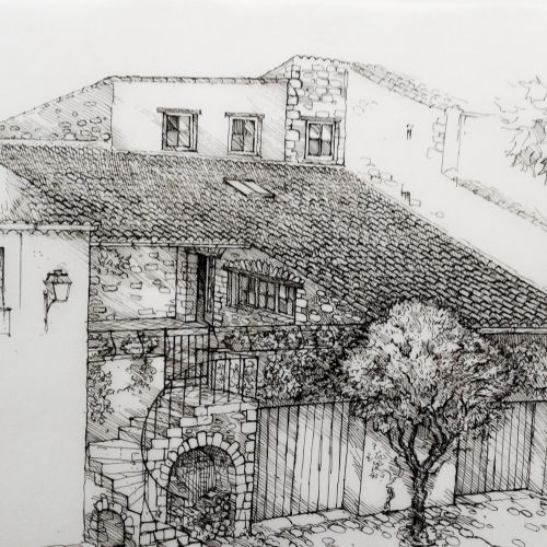 Black and white art of old house 