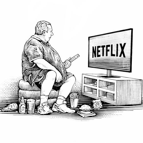 Black and white artwork of man watching Netflix