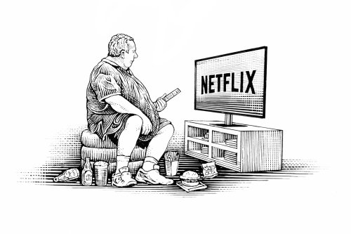 观看Netflix的黑白插图