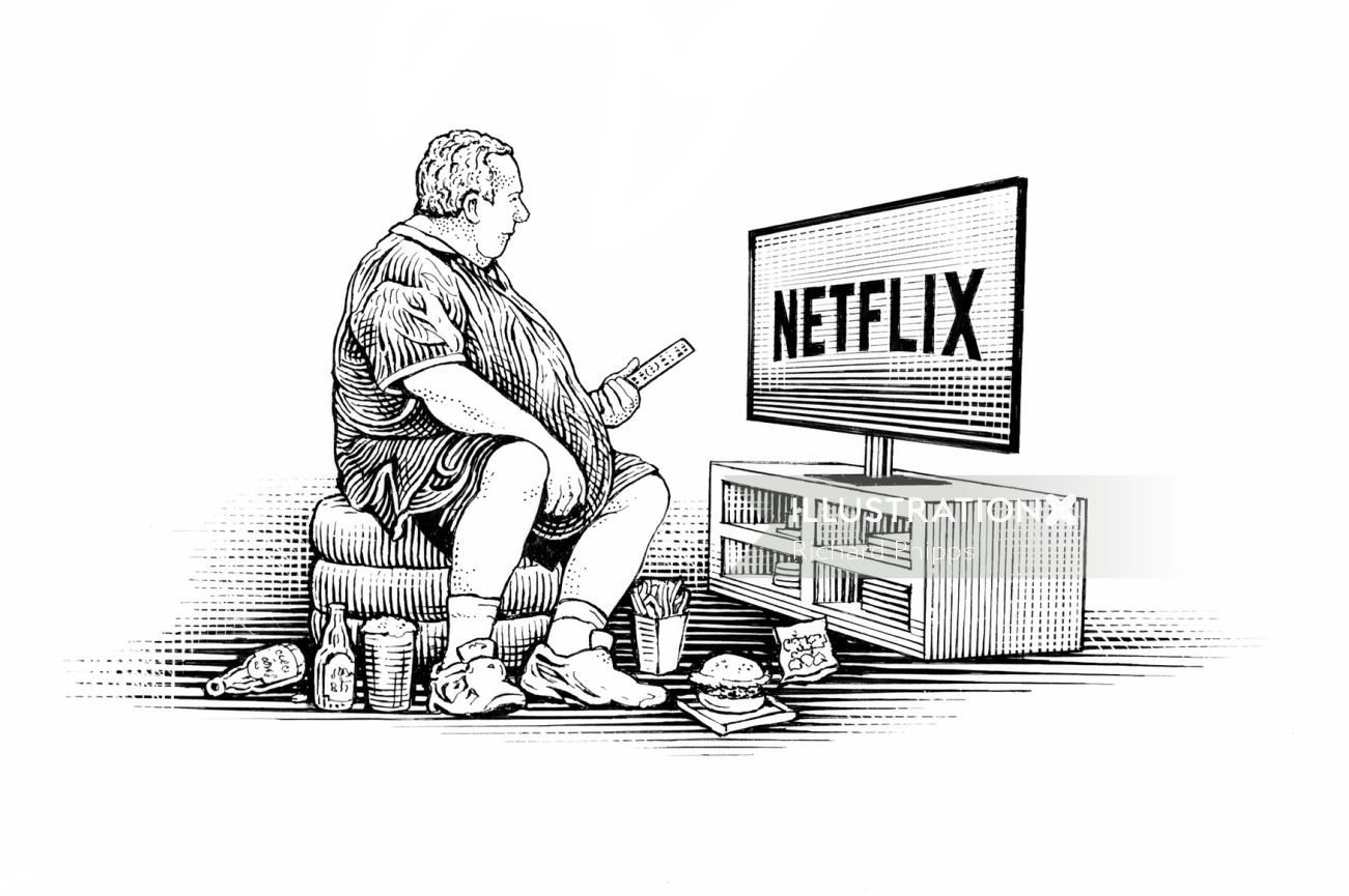 Netflixを見ている男性の白黒アートワーク