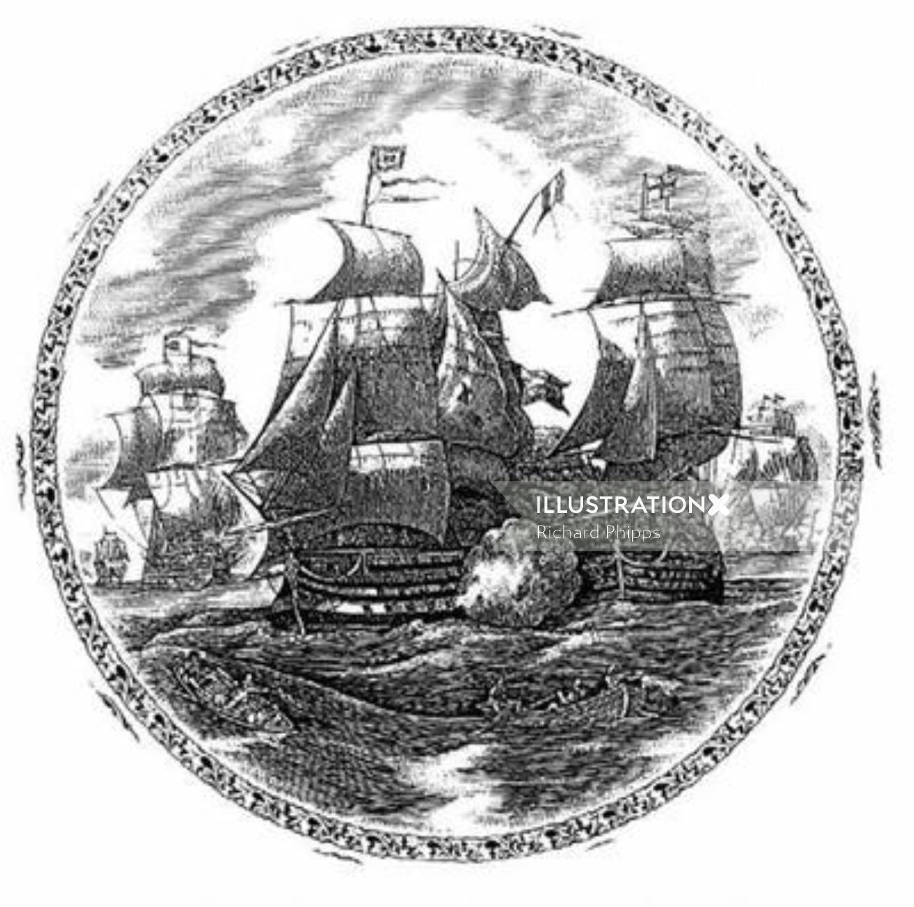 Ships black and white illustration 