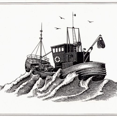 Engraved style of ship in stormy weather