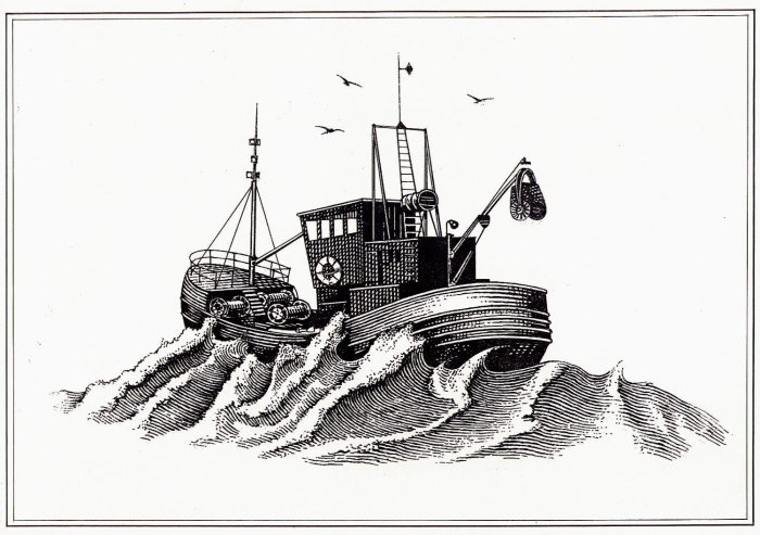 Engraved style of ship in stormy weather