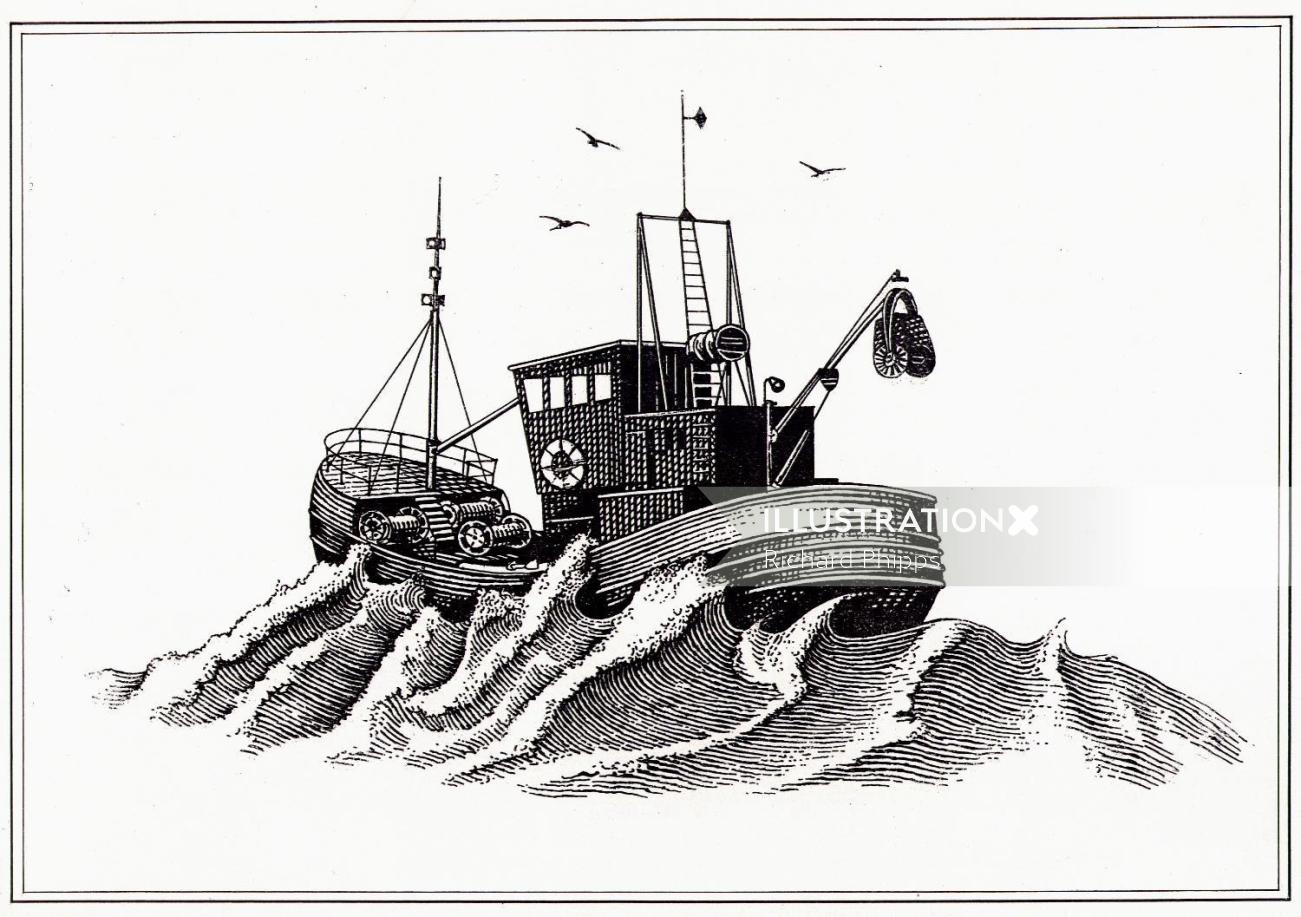 Ship in a stormy weather black and white illustration 