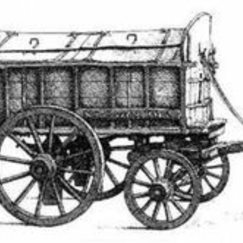Black and white illustration of horse carriage 