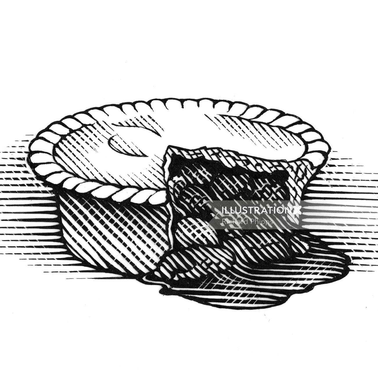 Dessin de tarte à la viande noir et blanc