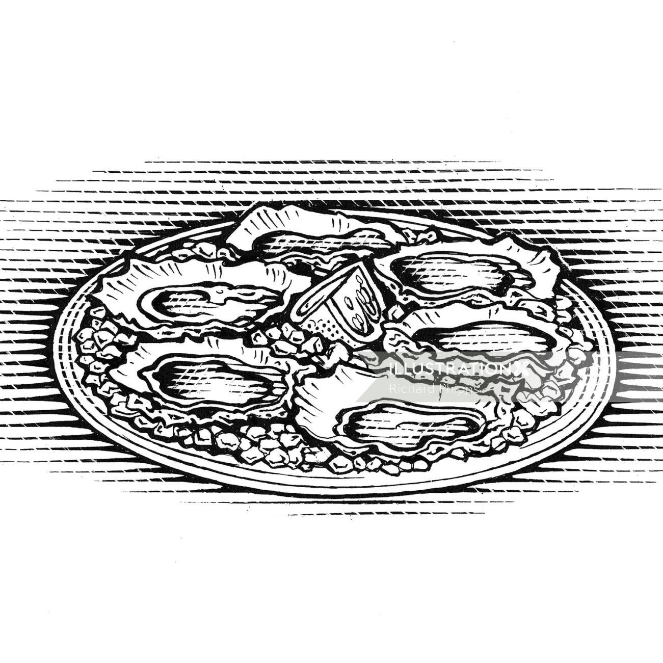 Nourriture en plaque illustration noir et blanc