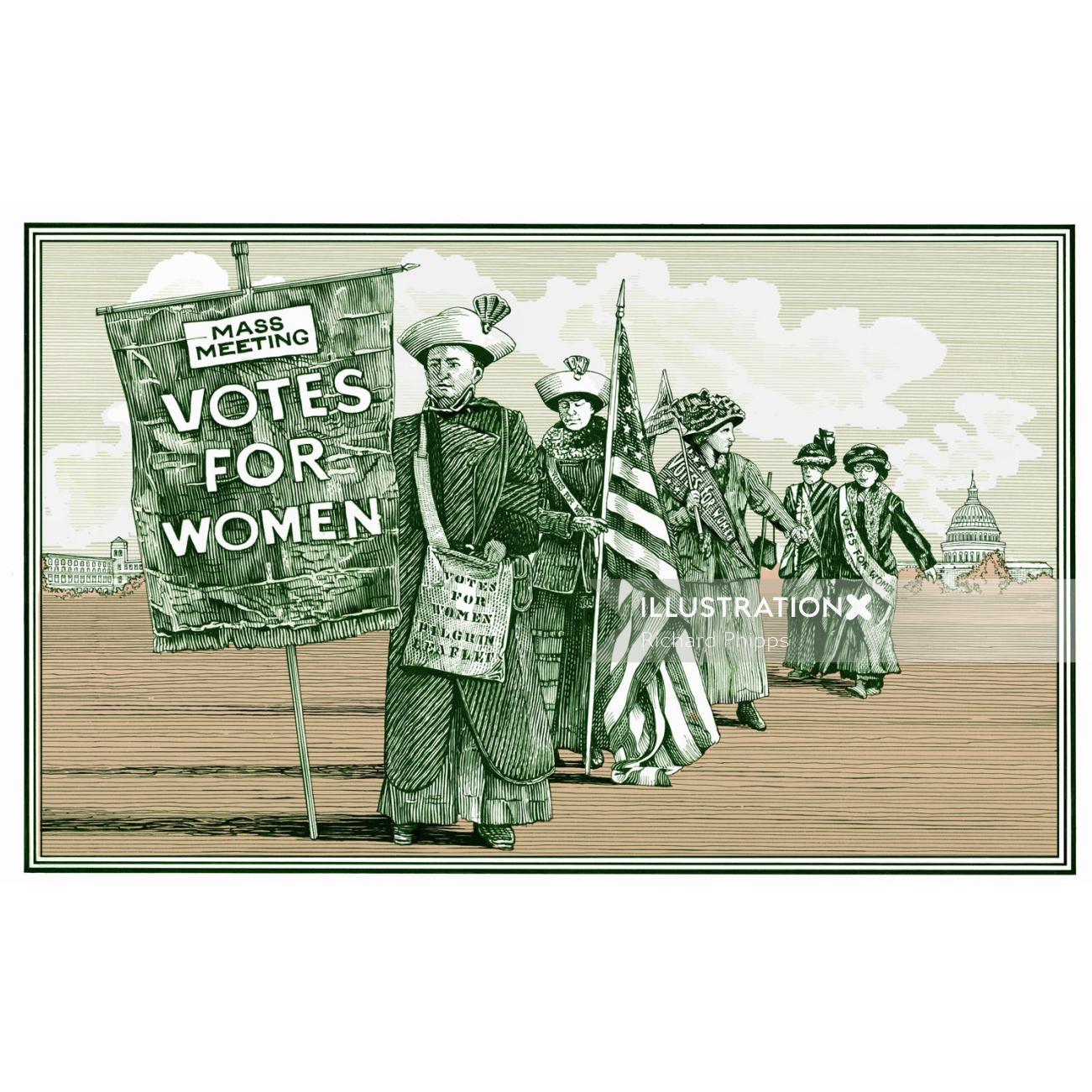 Gravure illustration de la carte postale des suffragettes politiques