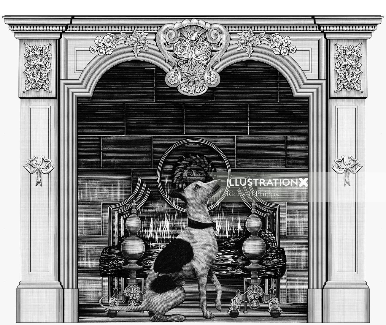 Trompe-l'il fireplace illustration in black and white