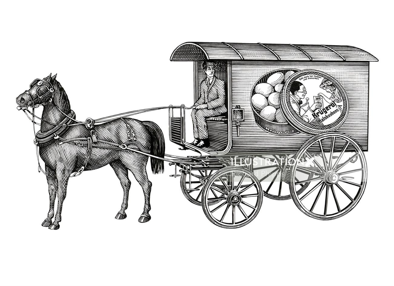 Horse and buggy black and white artwork 