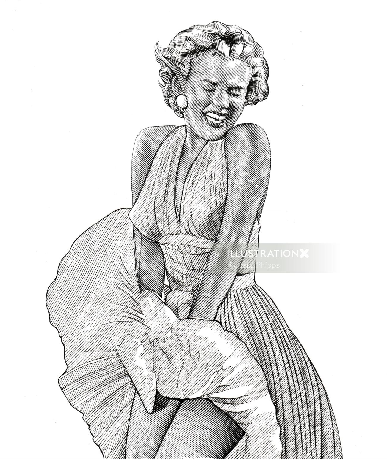 アメリカの女優マリリン・モンローが木製の切り抜きとして示されています