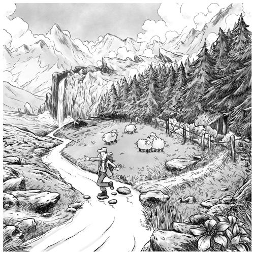Child stepping on stones across stream near sheep and pine trees by mountains by Rino Pelli