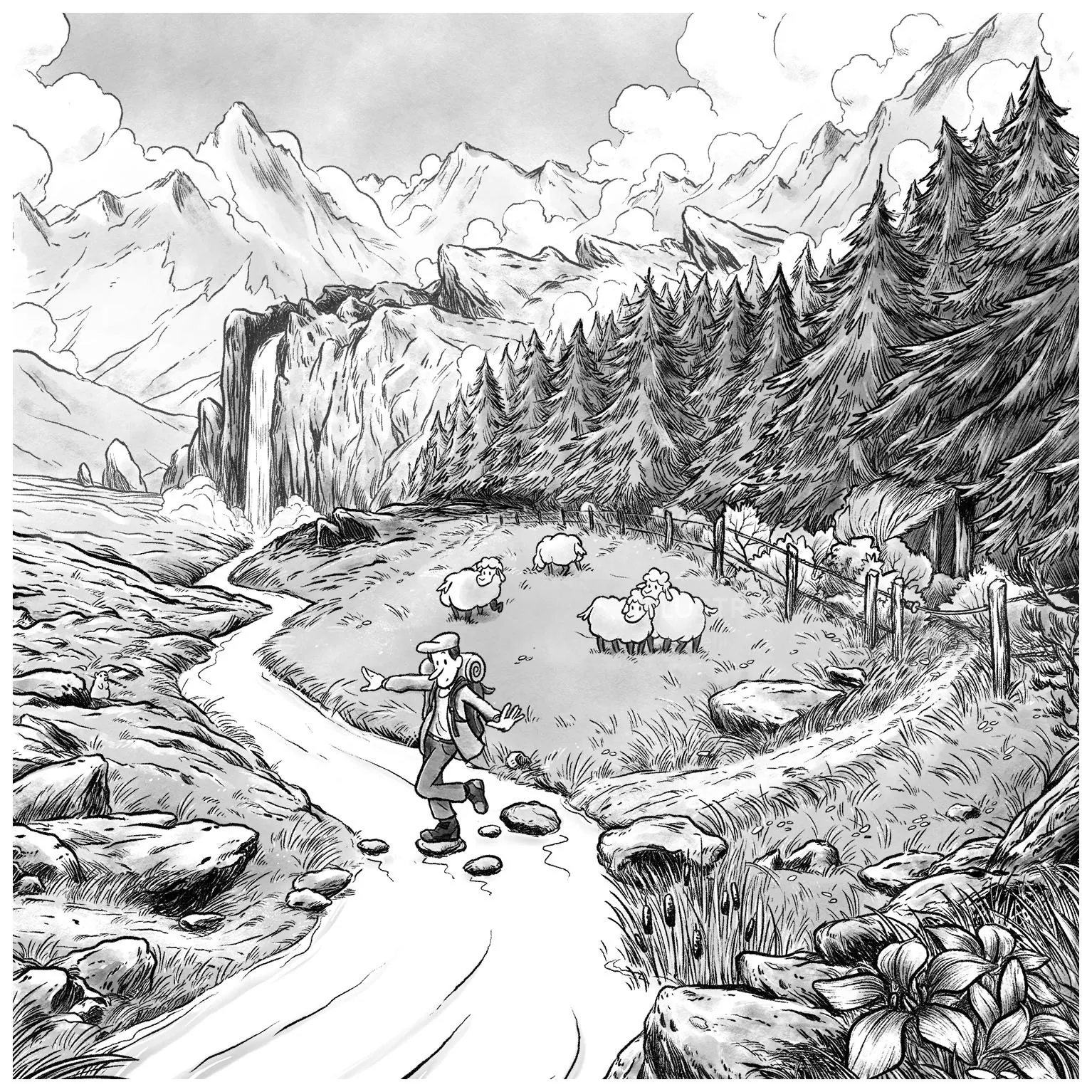 Child stepping on stones across stream near sheep and pine trees by mountains by Rino Pelli