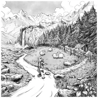Child stepping on stones across stream near sheep and pine trees by mountains by Rino Pelli