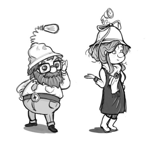 Four whimsical cartoon characters wearing hats with round decorations by Rino Pelli