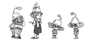 Four whimsical cartoon characters wearing hats with round decorations by Rino Pelli