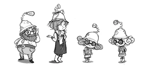 Four whimsical cartoon characters wearing hats with round decorations by Rino Pelli