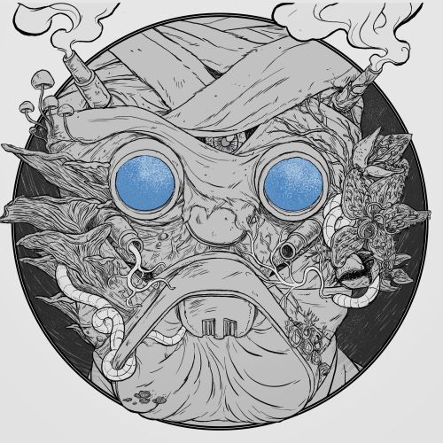 Surreal bearded figure with blue goggles and abstract floral elements by Rino Pelli