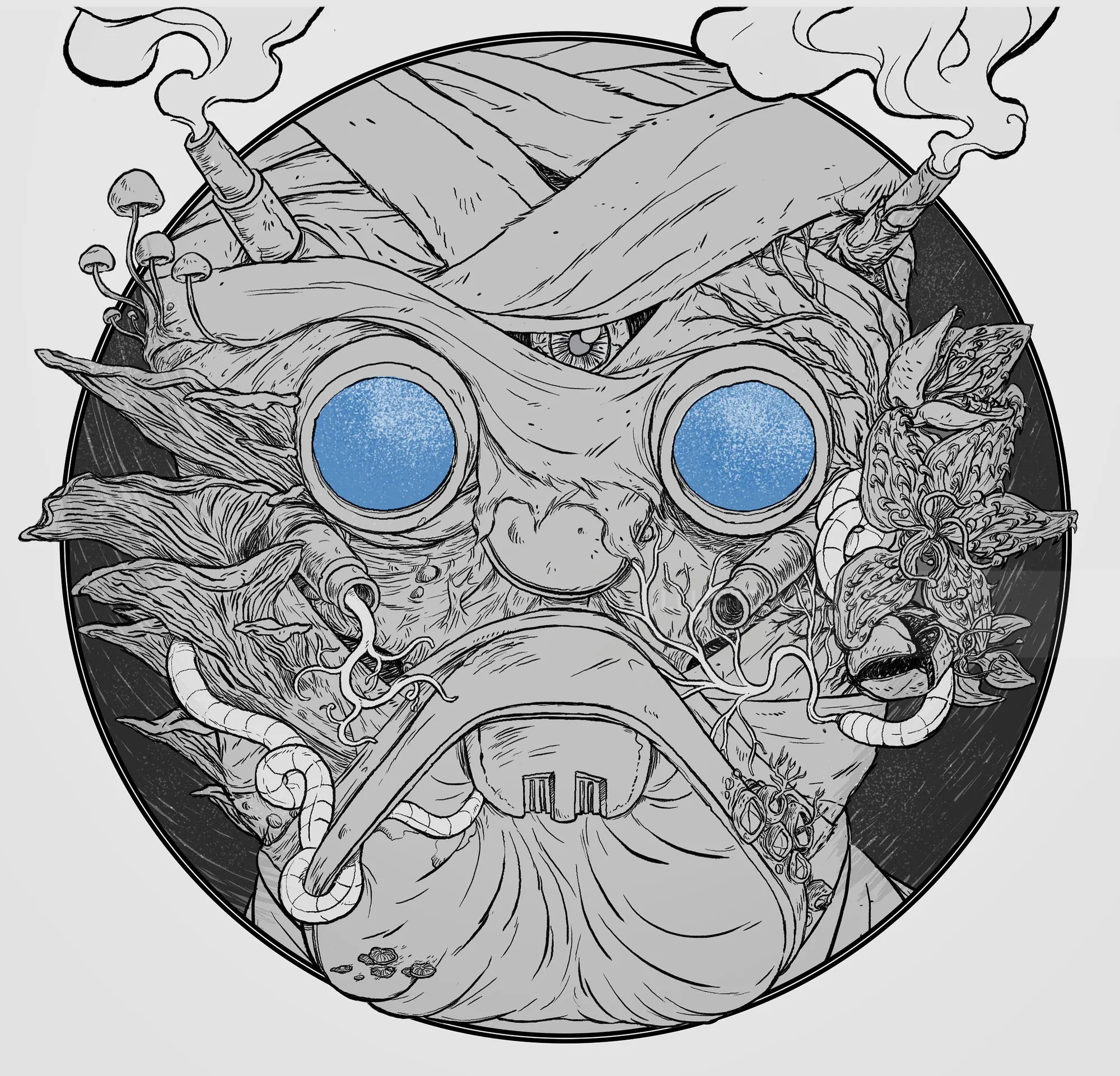 Surreal bearded figure with blue goggles and abstract floral elements by Rino Pelli