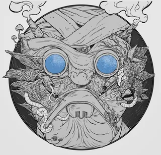 Surreal bearded figure with blue goggles and abstract floral elements by Rino Pelli