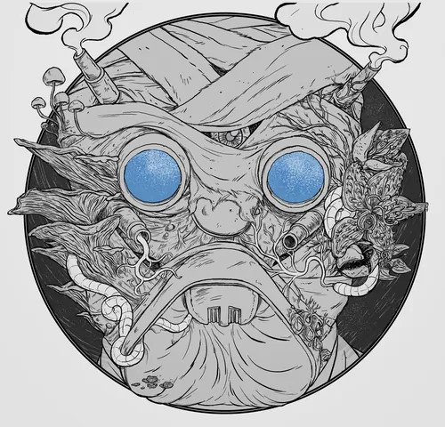 Surreal bearded figure with blue goggles and abstract floral elements by Rino Pelli
