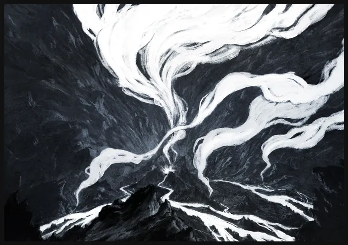 Black and white abstract painting with swirling smoke by Rino Pelli