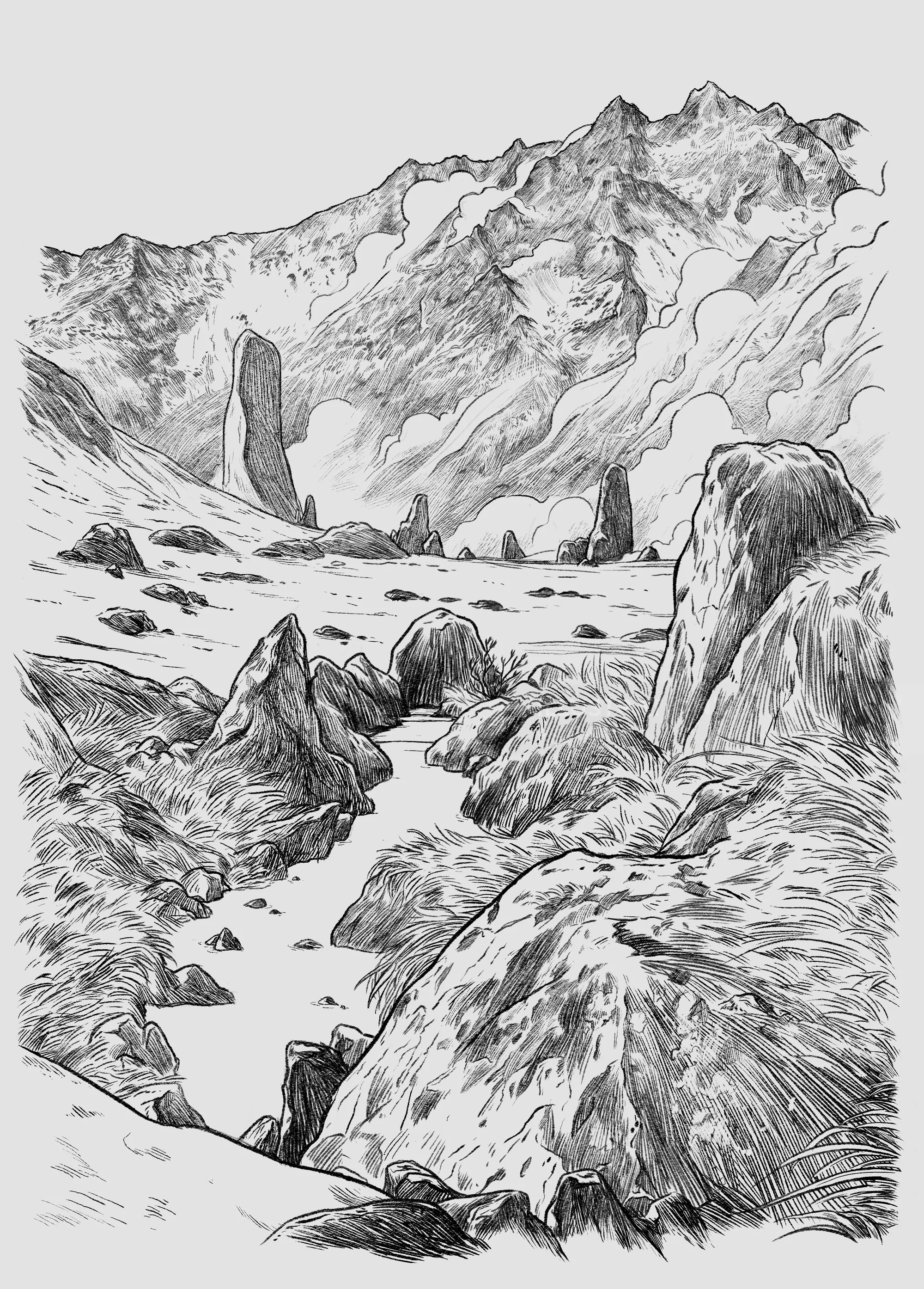 Ink drawing of mountain landscape with rocks by Rino Pelli