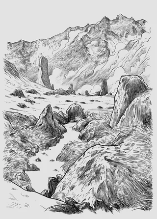 Ink drawing of mountain landscape with rocks by Rino Pelli