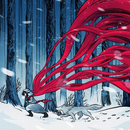 Girl running in snowy forest with red ribbons by Rino Pelli