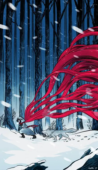 Girl running in snowy forest with red ribbons by Rino Pelli