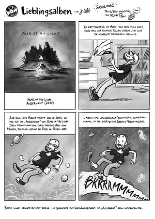 Black and white comic strip showing a mysterious island and a person reacting to a loud noise, by Ri