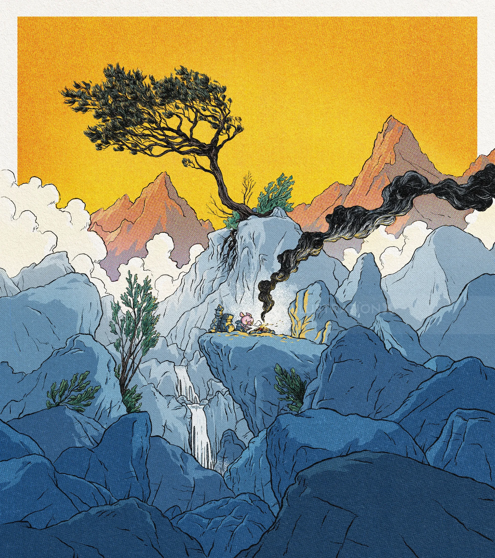 Mountain campfire with smoke in rocky terrain at sunset by Rino Pelli