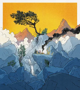 Mountain campfire with smoke in rocky terrain at sunset by Rino Pelli