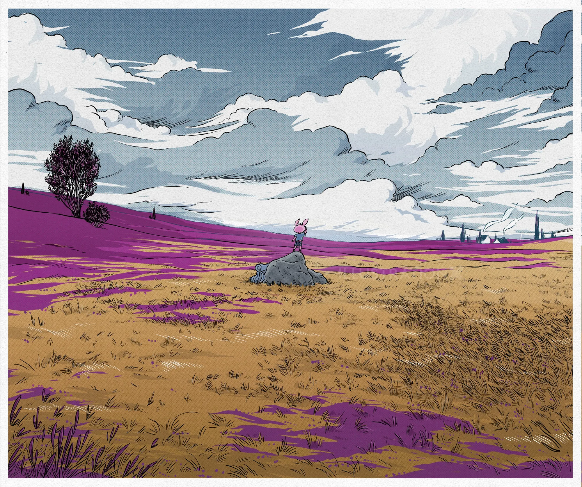 A woman sitting on a rock in a purple and brown field under cloudy sky by Rino Pelli
