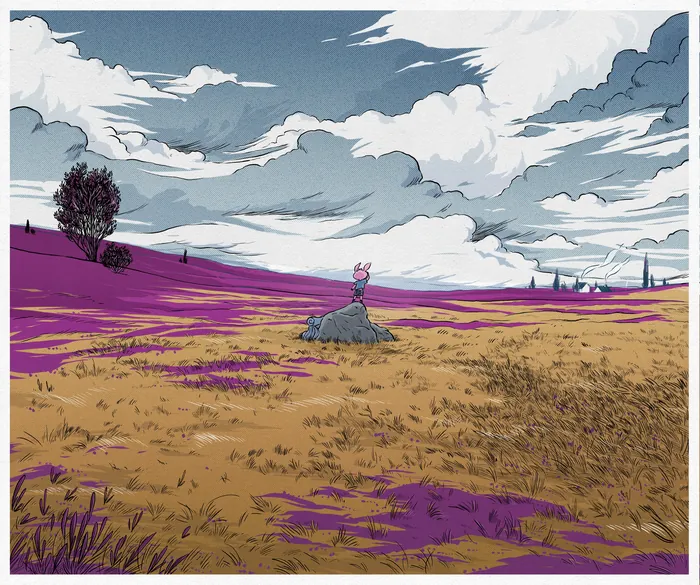 A woman sitting on a rock in a purple and brown field under cloudy sky by Rino Pelli