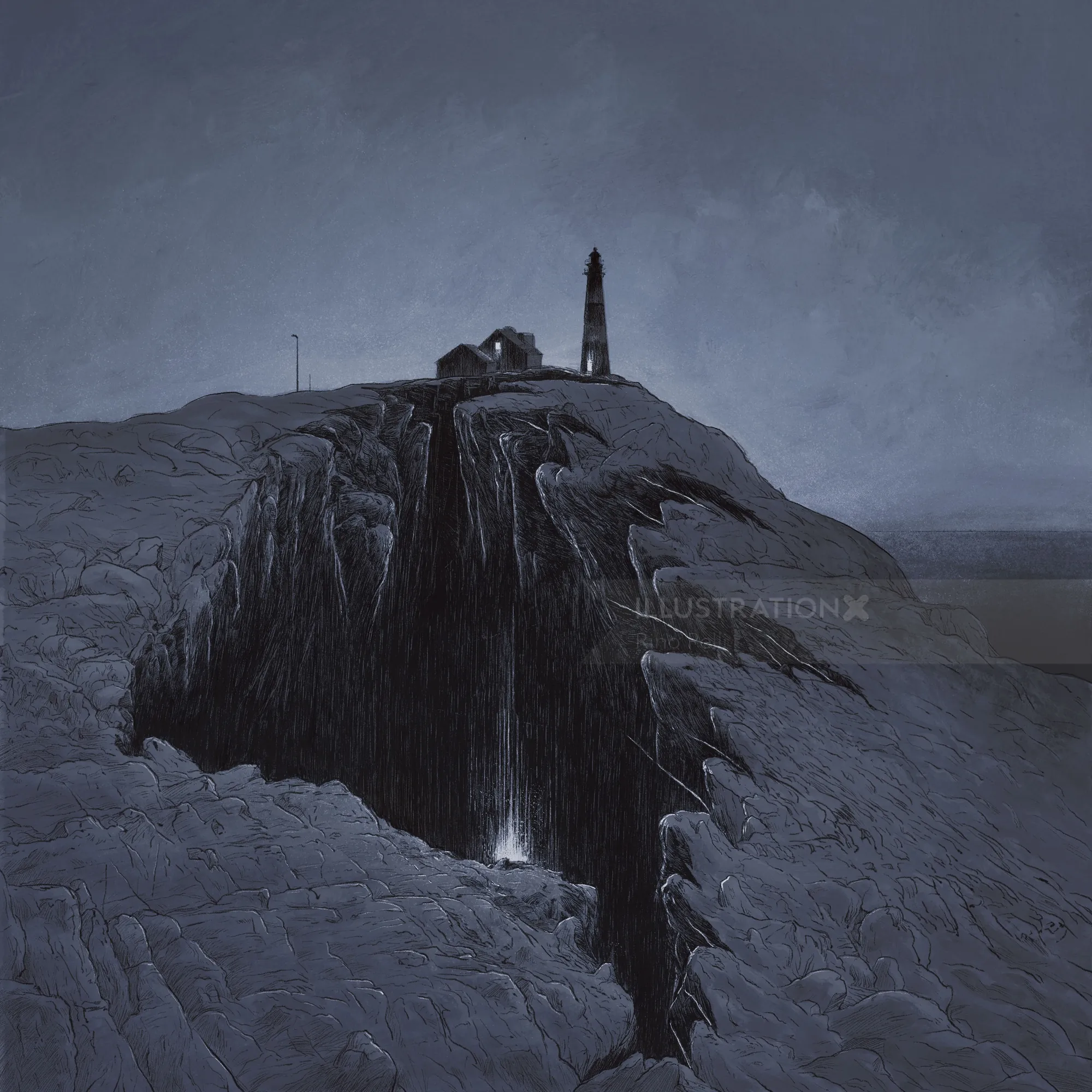 Lighthouse on rocky cliff with deep crevice at night by Rino Pelli