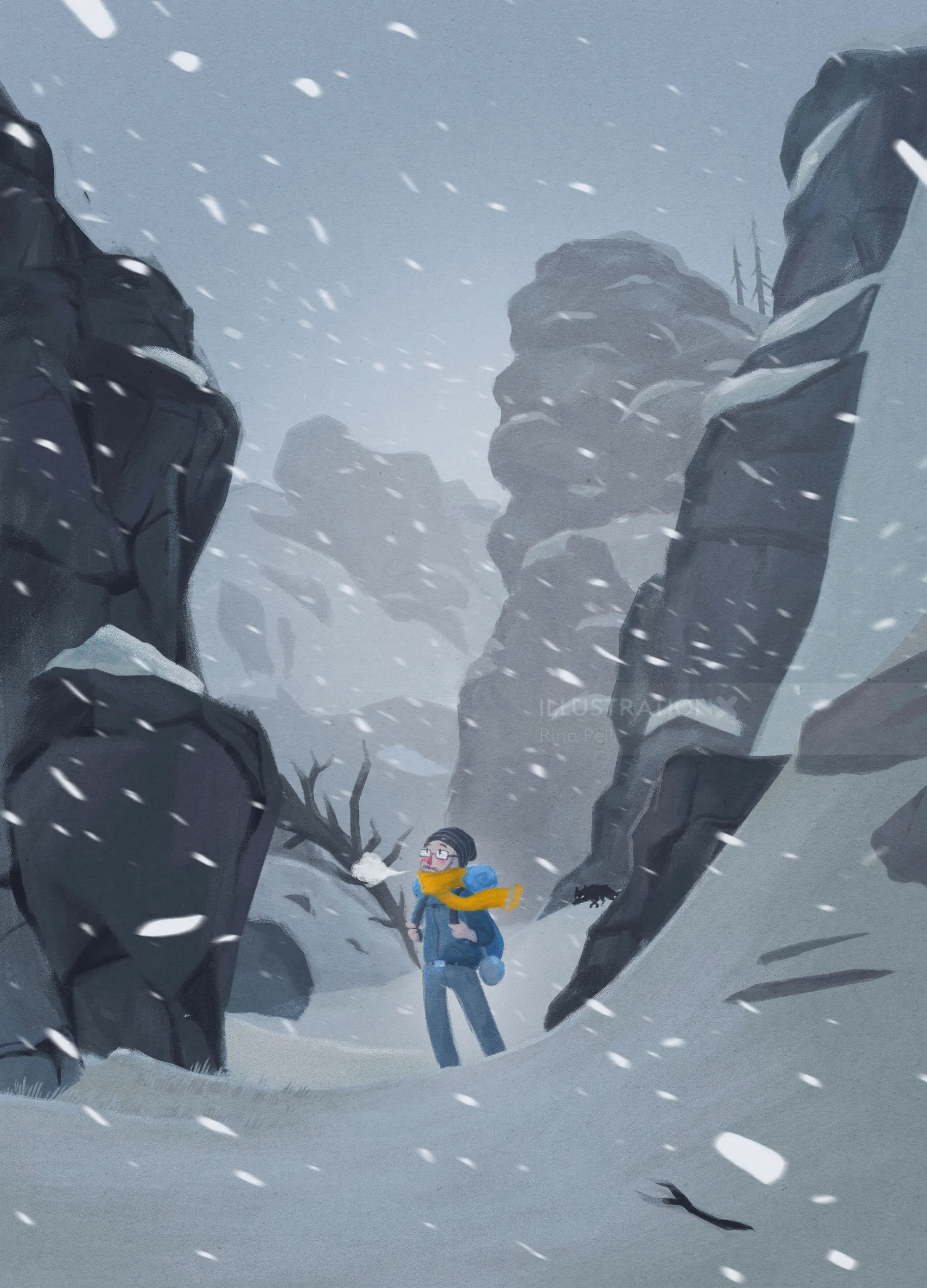 Person walking in snowy mountainous pass during a snowstorm by Rino Pelli