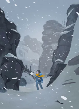 Person walking in snowy mountainous pass during a snowstorm by Rino Pelli
