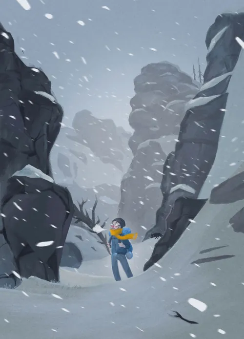 Person walking in snowy mountainous pass during a snowstorm by Rino Pelli