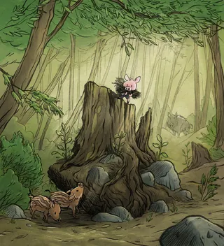 Forest with tree stump, two piglets below, and pink creature above by Rino Pelli