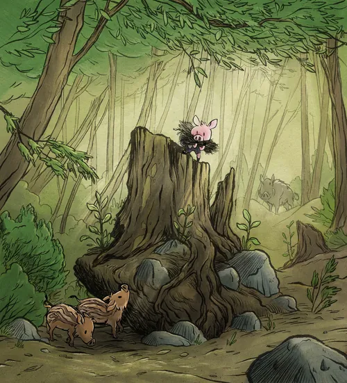 Forest with tree stump, two piglets below, and pink creature above by Rino Pelli