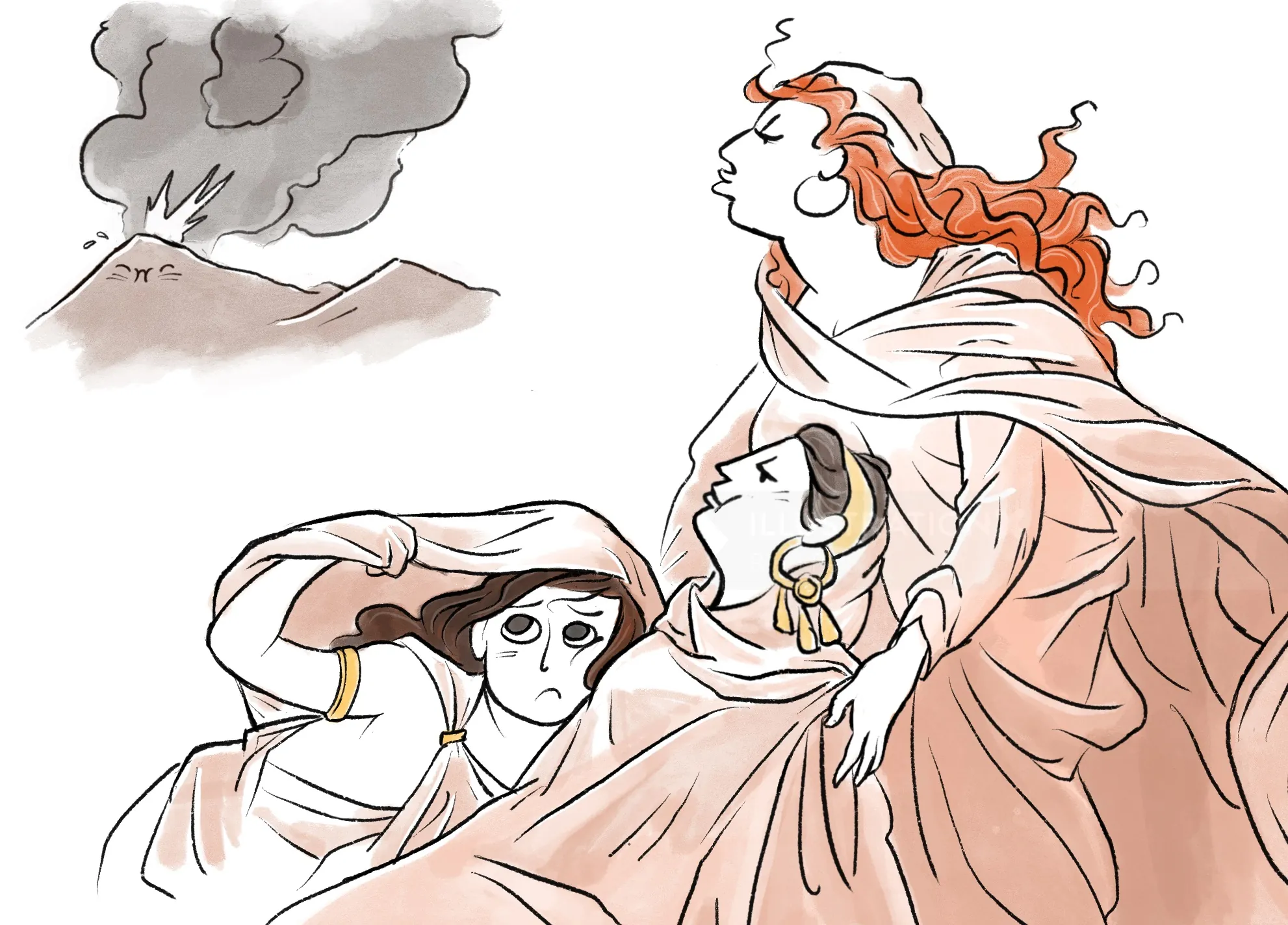 Three women in classical clothing watching a volcano erupt with smoke - by Rino Pelli