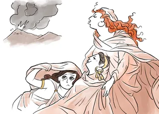 Three women in classical clothing watching a volcano erupt with smoke - by Rino Pelli