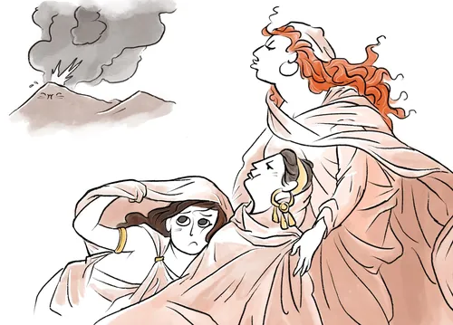Three women in classical clothing watching a volcano erupt with smoke - by Rino Pelli