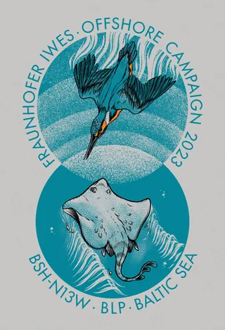 Illustration of seabird and manta ray with text about Fraunhofer IWES Offshore Campaign 2023 by Rino