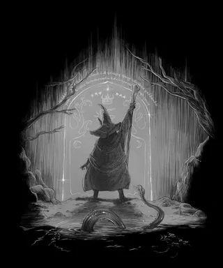 Wizard raising staff at glowing magical gate in dark forest, by Rino Pelli