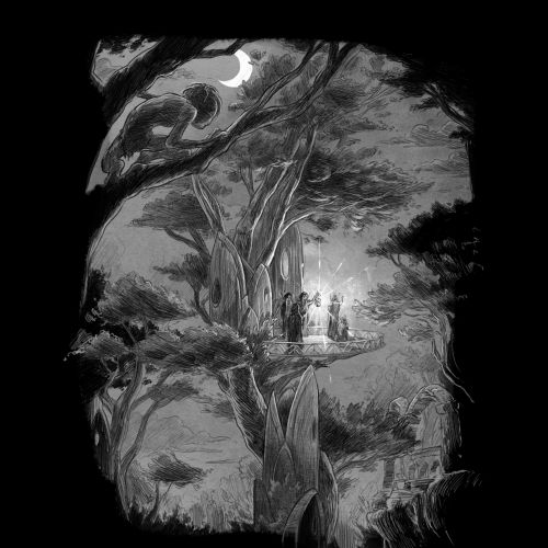 People gathered on large tree branch at night under crescent moon, by Rino Pelli