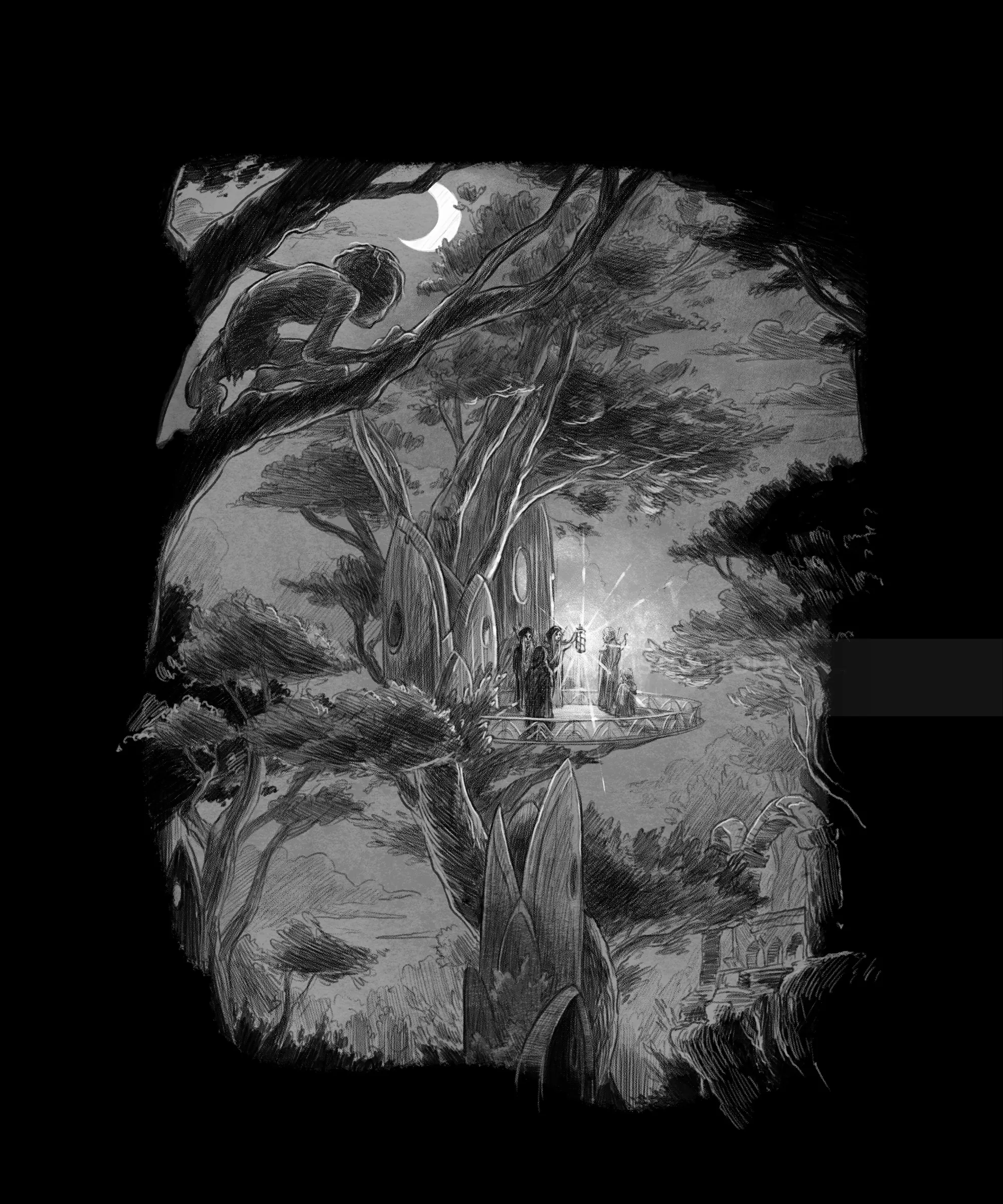People gathered on large tree branch at night under crescent moon, by Rino Pelli